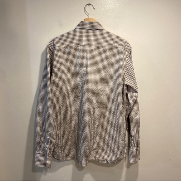 Billy Reid Brown Blue Plaid Roll Tab Sleeve Button Up Cotton Shirt Mens Slim XL - Picture 3 of 7